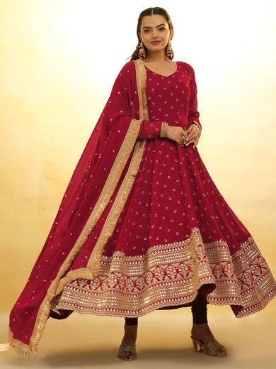 Fascinating Red Embroidered Georgette Wedding Wear Salwar Suit